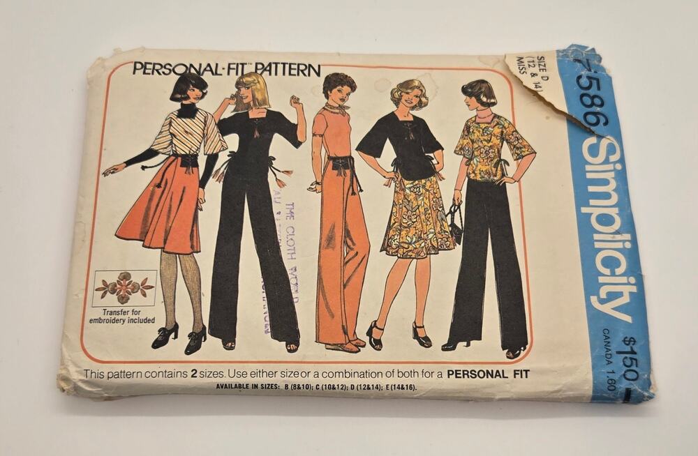 VTG 70s Simplicity Sewing Pattern 7586 Misses Top Skirt Pants Bag Uncut